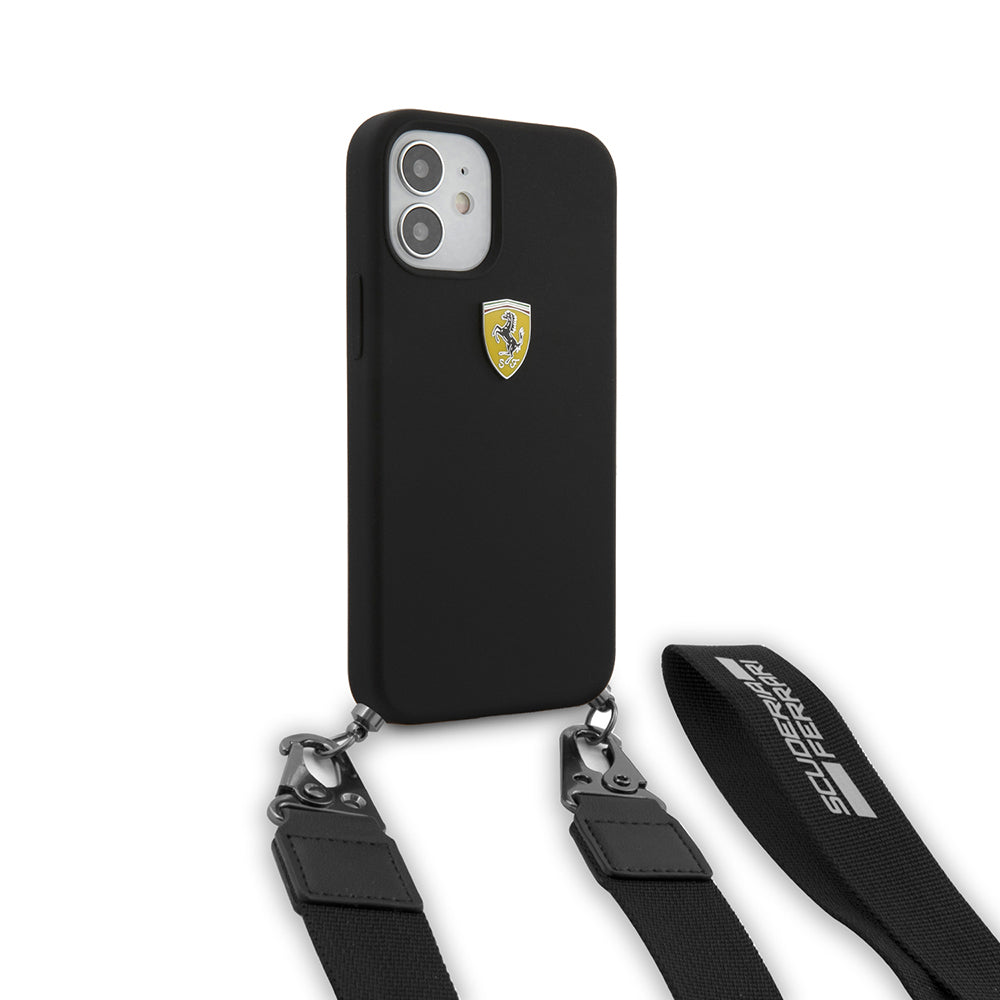 iPhone 12 Kılıf Ferrari Orjinal Lisanslı Askılı Metal Logolu Kapak