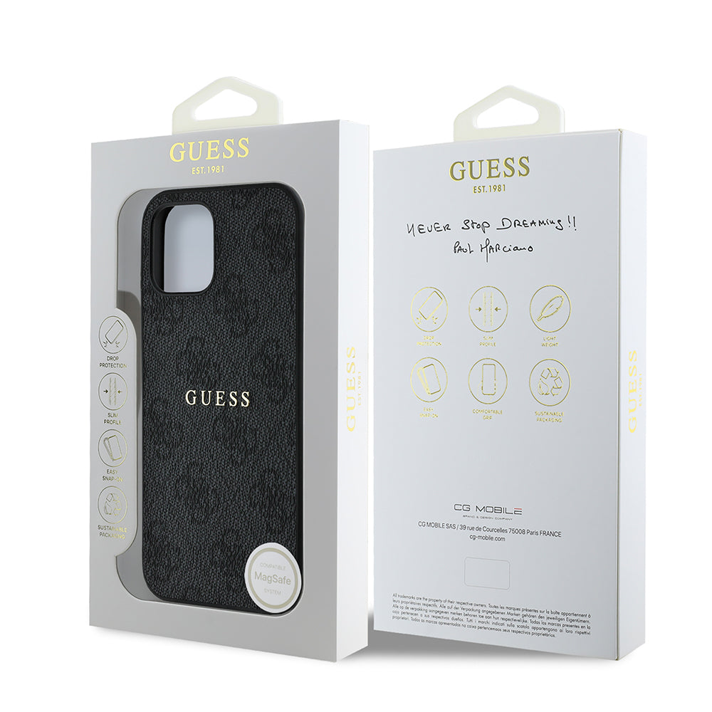 iPhone 12 Kılıf Guess Orjinal Lisanslı M-safe Şarj Özellikli 4G Desen Yazı Logolu Kapak