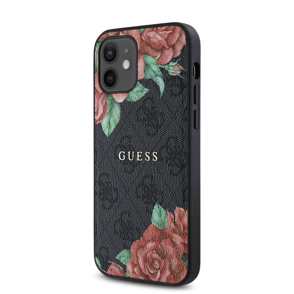 iPhone 12 Kılıf Guess Orjinal Lisanslı M-safe Şarj Özellikli Gül Baskılı 4G Desenli Yazı Logolu Kapak