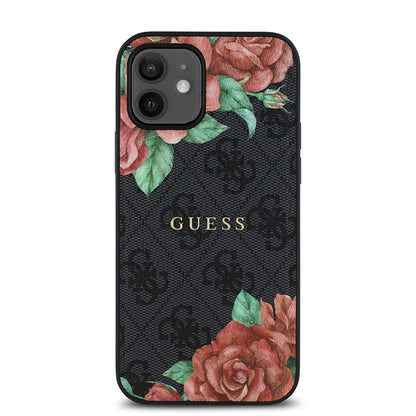 iPhone 12 Kılıf Guess Orjinal Lisanslı M-safe Şarj Özellikli Gül Baskılı 4G Desenli Yazı Logolu Kapak