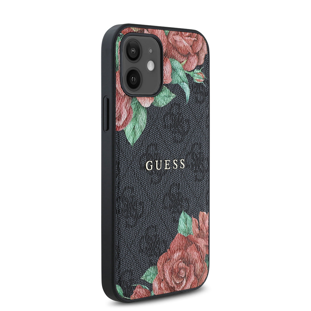 iPhone 12 Kılıf Guess Orjinal Lisanslı M-safe Şarj Özellikli Gül Baskılı 4G Desenli Yazı Logolu Kapak