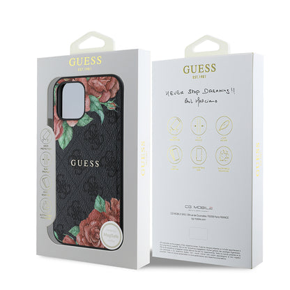 iPhone 12 Kılıf Guess Orjinal Lisanslı M-safe Şarj Özellikli Gül Baskılı 4G Desenli Yazı Logolu Kapak