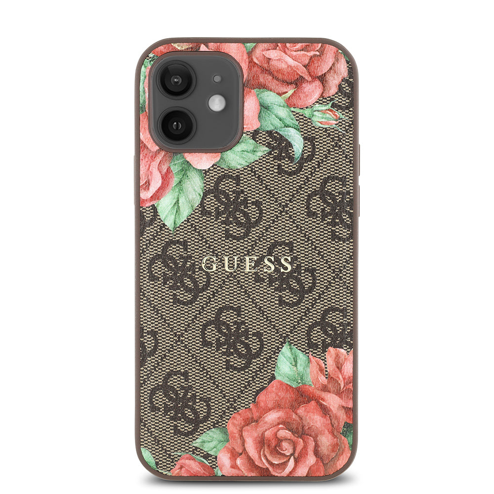 iPhone 12 Kılıf Guess Orjinal Lisanslı M-safe Şarj Özellikli Gül Baskılı 4G Desenli Yazı Logolu Kapak