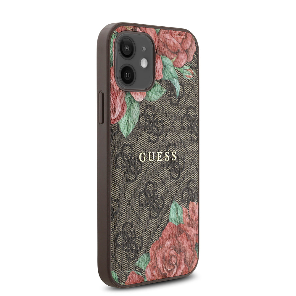 iPhone 12 Kılıf Guess Orjinal Lisanslı M-safe Şarj Özellikli Gül Baskılı 4G Desenli Yazı Logolu Kapak