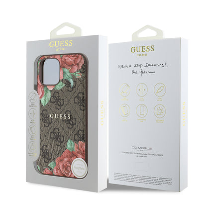 iPhone 12 Kılıf Guess Orjinal Lisanslı M-safe Şarj Özellikli Gül Baskılı 4G Desenli Yazı Logolu Kapak