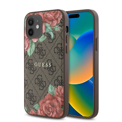 iPhone 12 Kılıf Guess Orjinal Lisanslı M-safe Şarj Özellikli Gül Baskılı 4G Desenli Yazı Logolu Kapak