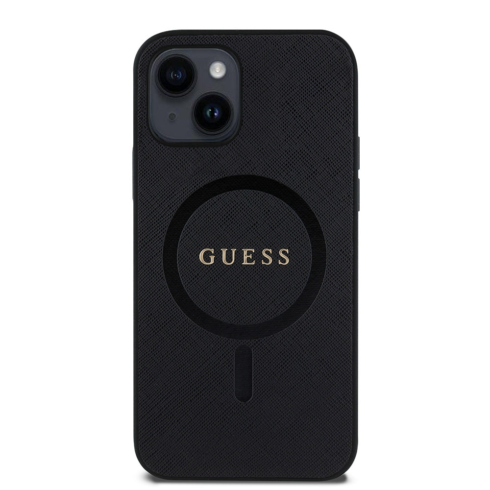 iPhone 12 Kılıf Guess Orjinal Lisanslı M-safe Şarj Özellikli Yazı Logolu Saffiano Classic Kapak
