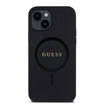 iPhone 12 Kılıf Guess Orjinal Lisanslı M-safe Şarj Özellikli Yazı Logolu Saffiano Classic Kapak