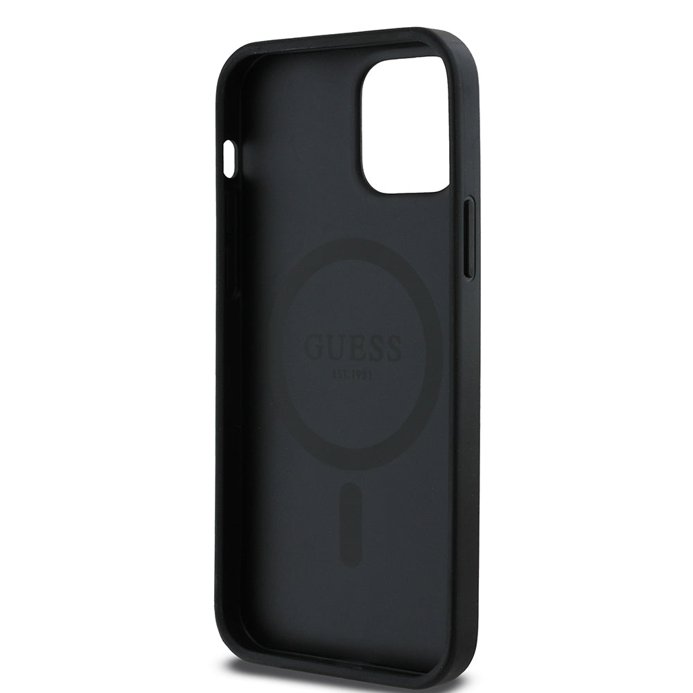 iPhone 12 Kılıf Guess Orjinal Lisanslı M-safe Şarj Özellikli Yazı Logolu Saffiano Classic Kapak