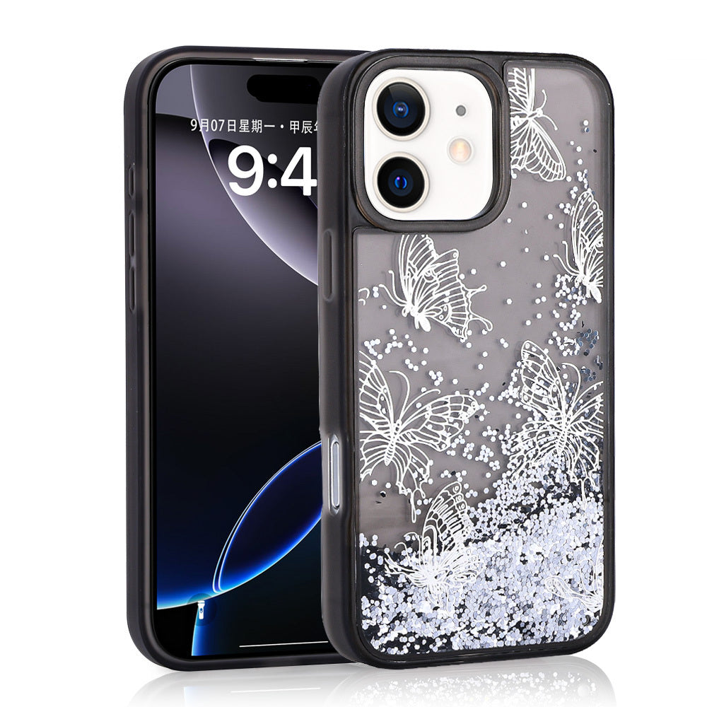 Apple iPhone 12 Kılıf Sıvılı Simli Kelebek Baskılı Şeffaf Arka Yüzey Zore Glis Silikon Kapak