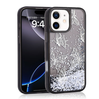 Apple iPhone 12 Kılıf Sıvılı Simli Kelebek Baskılı Şeffaf Arka Yüzey Zore Glis Silikon Kapak