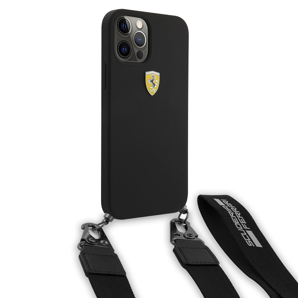 iPhone 12 Pro Kılıf Ferrari Orjinal Lisanslı Askılı Metal Logolu Kapak