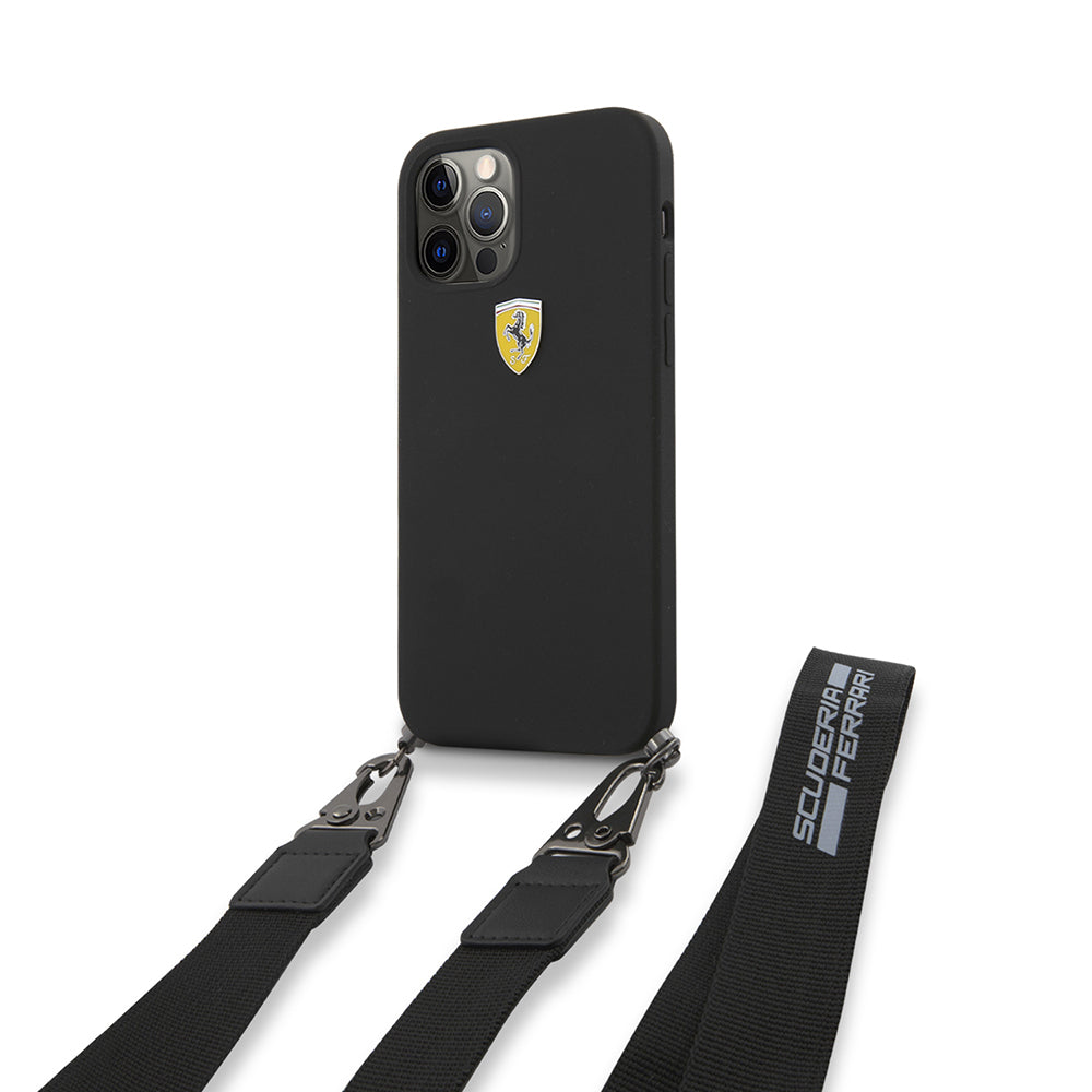 iPhone 12 Pro Kılıf Ferrari Orjinal Lisanslı Askılı Metal Logolu Kapak