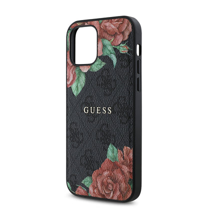 iPhone 12 Pro Kılıf Guess Orjinal Lisanslı M-safe Şarj Özellikli Gül Baskılı 4G Desenli Yazı Logolu Kapak