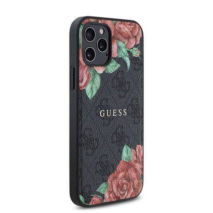 iPhone 12 Pro Kılıf Guess Orjinal Lisanslı M-safe Şarj Özellikli Gül Baskılı 4G Desenli Yazı Logolu Kapak