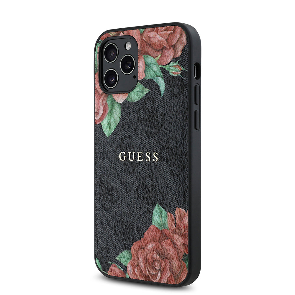 iPhone 12 Pro Kılıf Guess Orjinal Lisanslı M-safe Şarj Özellikli Gül Baskılı 4G Desenli Yazı Logolu Kapak