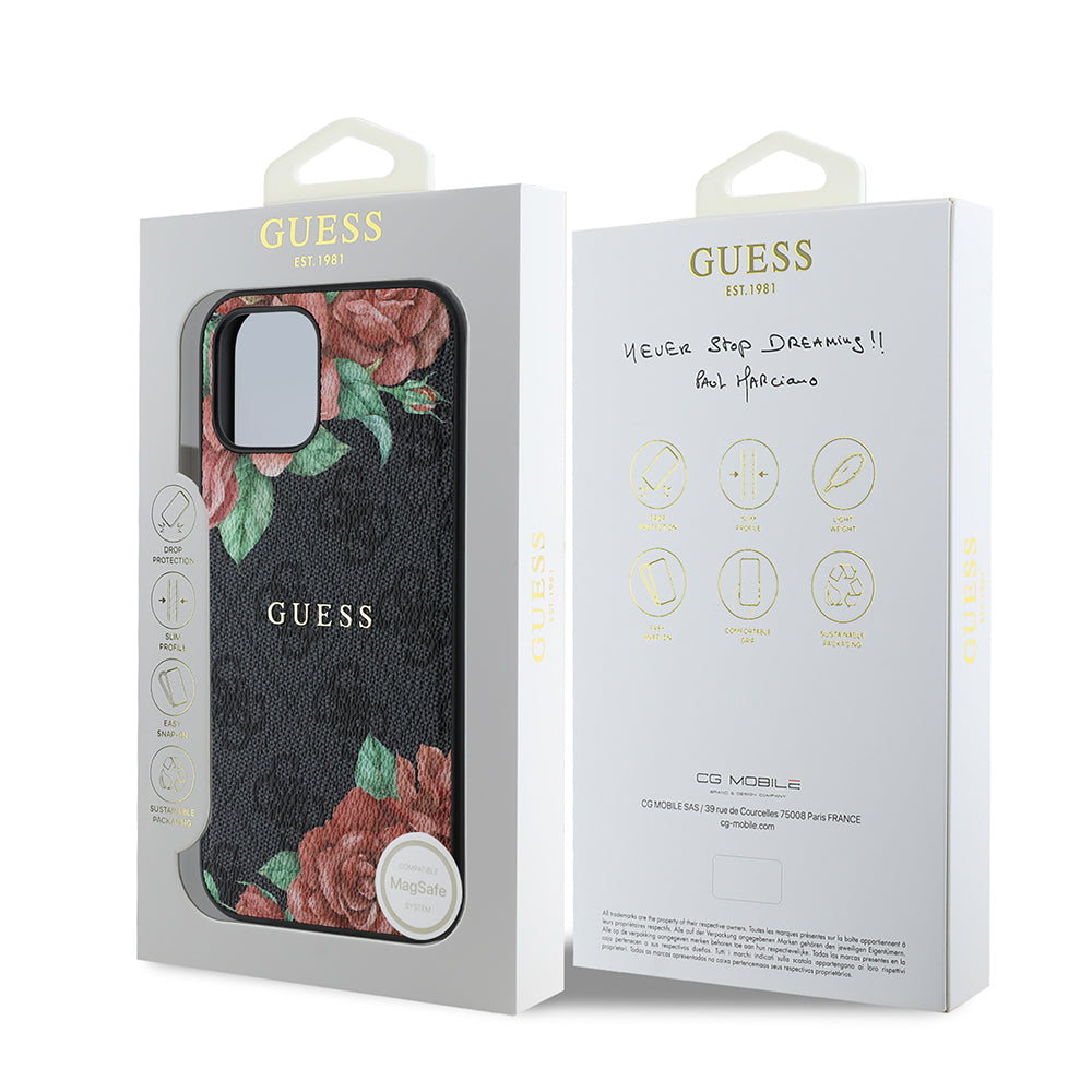 iPhone 12 Pro Kılıf Guess Orjinal Lisanslı M-safe Şarj Özellikli Gül Baskılı 4G Desenli Yazı Logolu Kapak