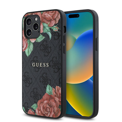 iPhone 12 Pro Kılıf Guess Orjinal Lisanslı M-safe Şarj Özellikli Gül Baskılı 4G Desenli Yazı Logolu Kapak