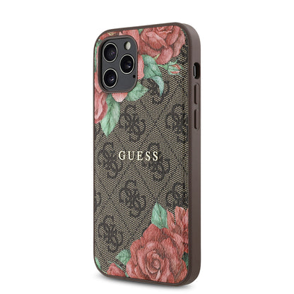 iPhone 12 Pro Kılıf Guess Orjinal Lisanslı M-safe Şarj Özellikli Gül Baskılı 4G Desenli Yazı Logolu Kapak