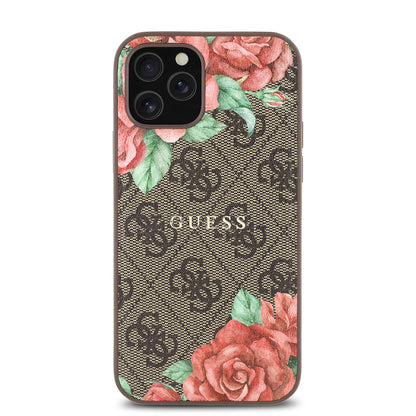 iPhone 12 Pro Kılıf Guess Orjinal Lisanslı M-safe Şarj Özellikli Gül Baskılı 4G Desenli Yazı Logolu Kapak