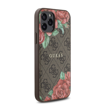iPhone 12 Pro Kılıf Guess Orjinal Lisanslı M-safe Şarj Özellikli Gül Baskılı 4G Desenli Yazı Logolu Kapak