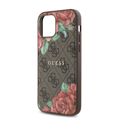 iPhone 12 Pro Kılıf Guess Orjinal Lisanslı M-safe Şarj Özellikli Gül Baskılı 4G Desenli Yazı Logolu Kapak