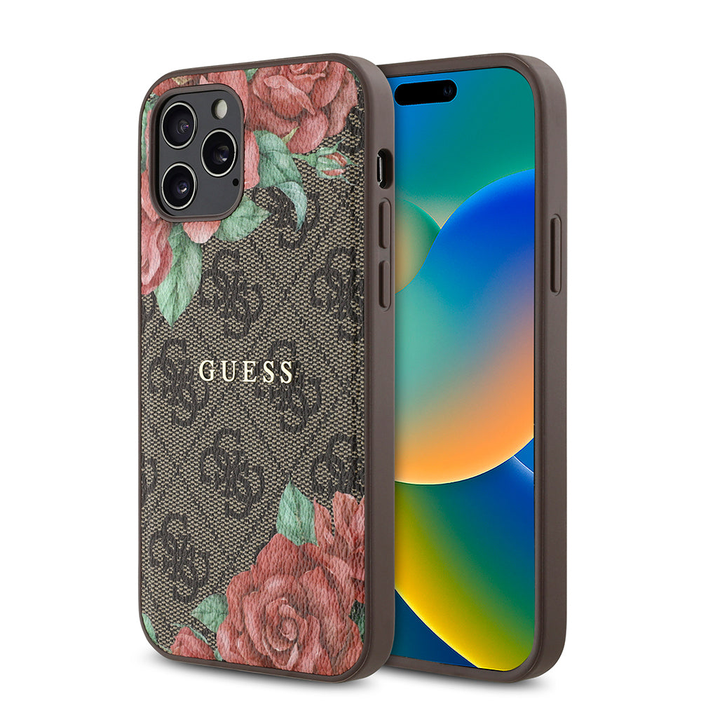 iPhone 12 Pro Kılıf Guess Orjinal Lisanslı M-safe Şarj Özellikli Gül Baskılı 4G Desenli Yazı Logolu Kapak