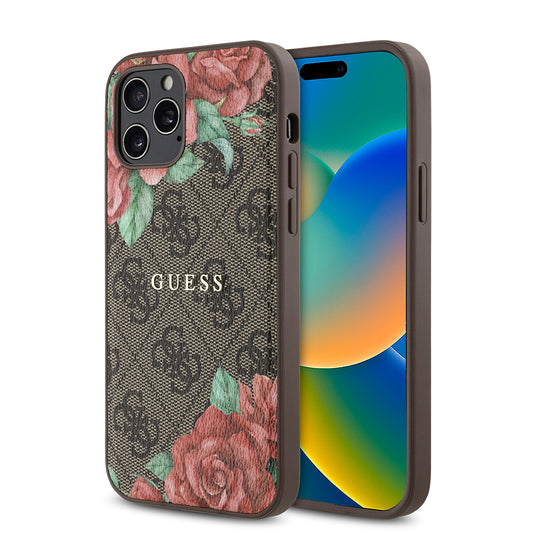 iPhone 12 Pro Kılıf Guess Orjinal Lisanslı M-safe Şarj Özellikli Gül Baskılı 4G Desenli Yazı Logolu Kapak