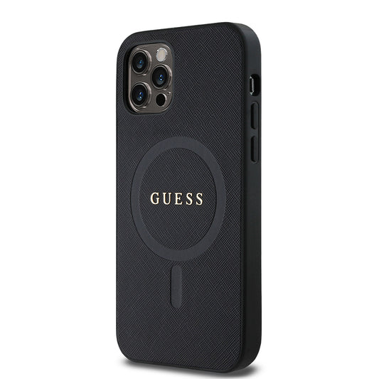 iPhone 12 Pro Kılıf Guess Orjinal Lisanslı M-safe Şarj Özellikli Yazı Logolu Saffiano Classic Kapak