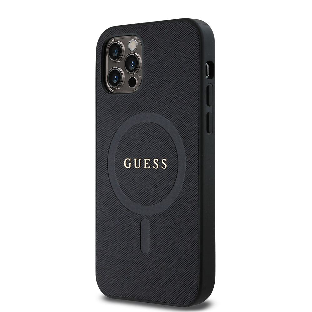 iPhone 12 Pro Kılıf Guess Orjinal Lisanslı M-safe Şarj Özellikli Yazı Logolu Saffiano Classic Kapak
