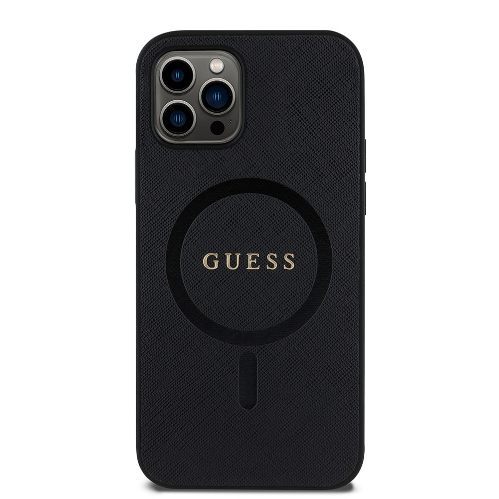 iPhone 12 Pro Kılıf Guess Orjinal Lisanslı M-safe Şarj Özellikli Yazı Logolu Saffiano Classic Kapak