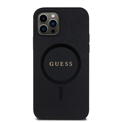 iPhone 12 Pro Kılıf Guess Orjinal Lisanslı M-safe Şarj Özellikli Yazı Logolu Saffiano Classic Kapak