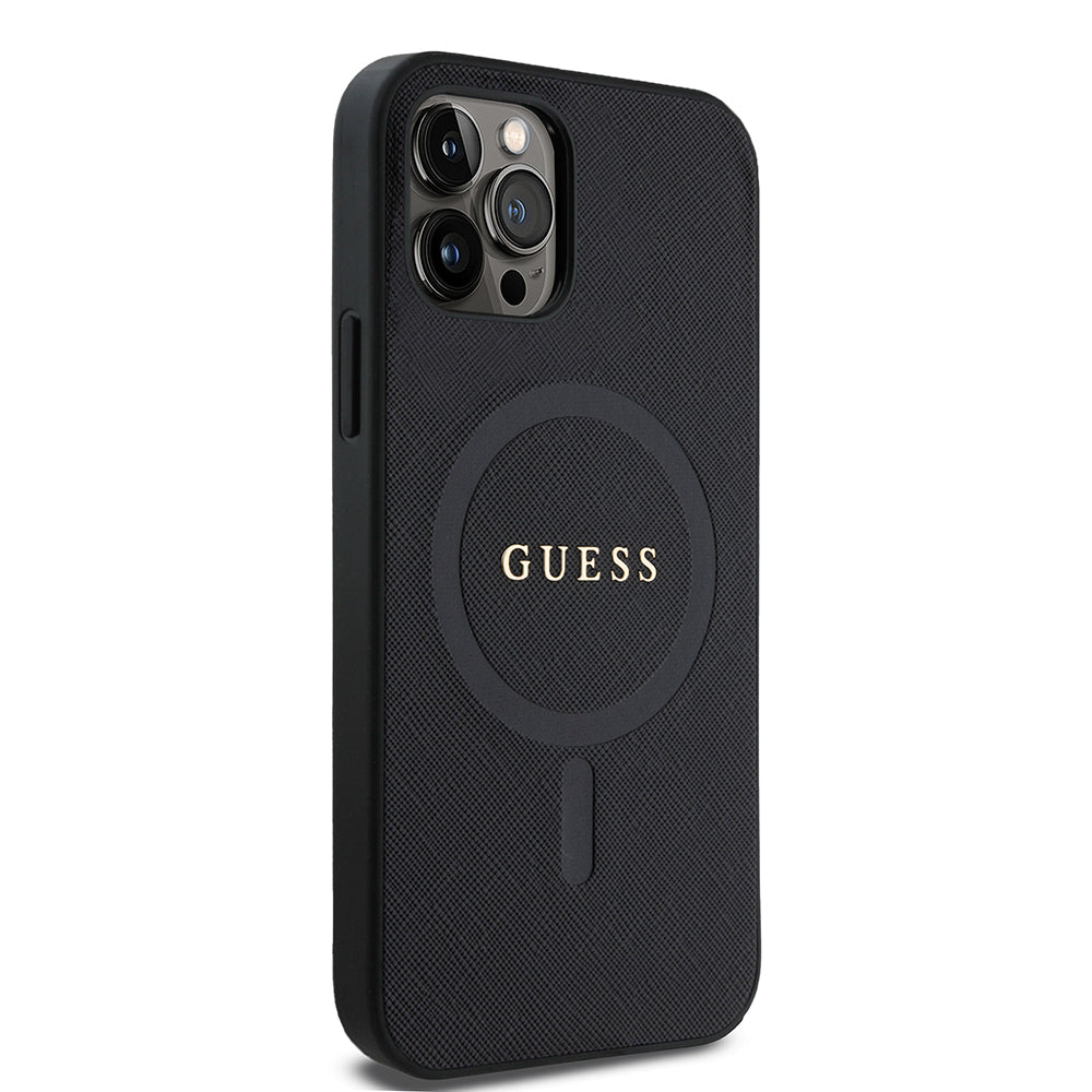iPhone 12 Pro Kılıf Guess Orjinal Lisanslı M-safe Şarj Özellikli Yazı Logolu Saffiano Classic Kapak