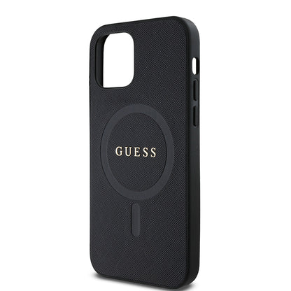 iPhone 12 Pro Kılıf Guess Orjinal Lisanslı M-safe Şarj Özellikli Yazı Logolu Saffiano Classic Kapak