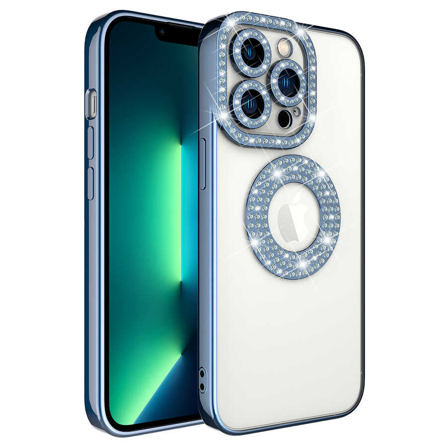 Apple iPhone 12 Pro Kılıf Kamera Korumalı Taş Süslemeli Arkası Şeffaf Zore Asya Kapak