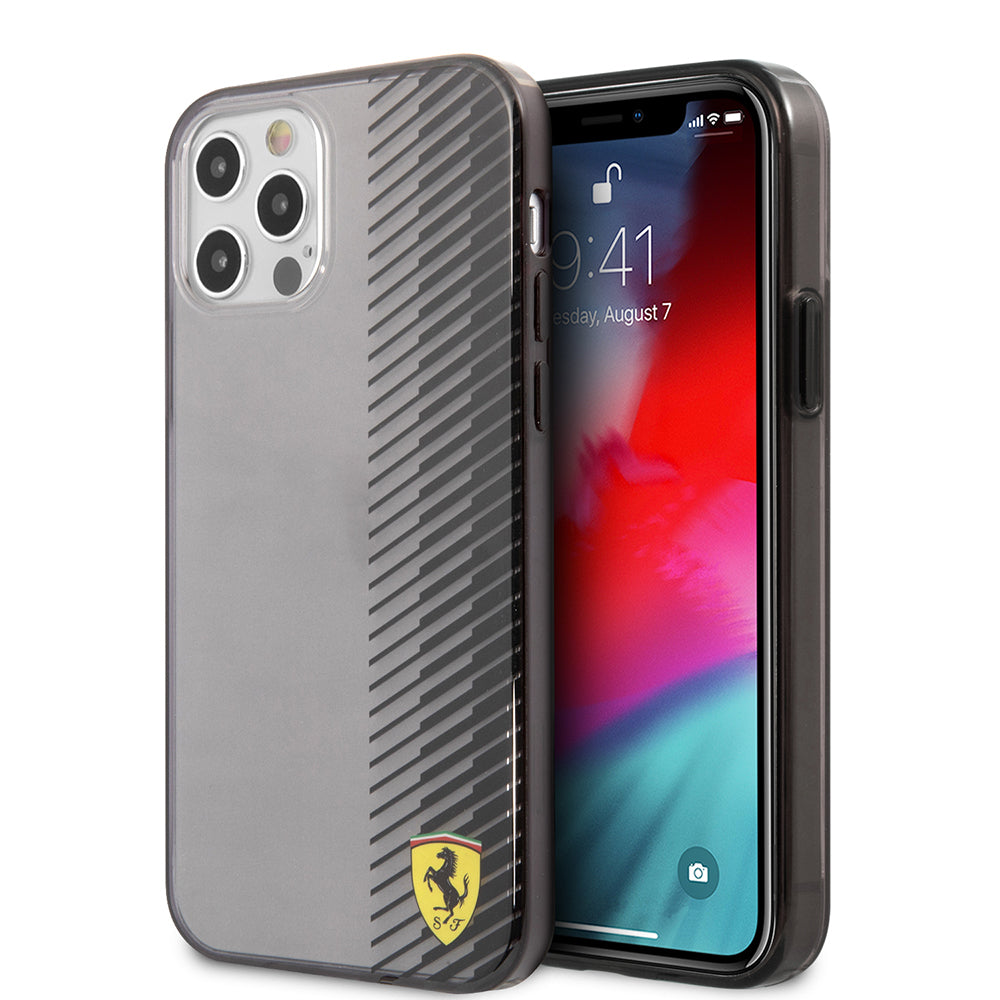iPhone 12 Pro Max Kılıf Ferrari Orjinal Lisanlı Klasik Metal Logolu Transparan Çizgi Desenli Gradient Kapak