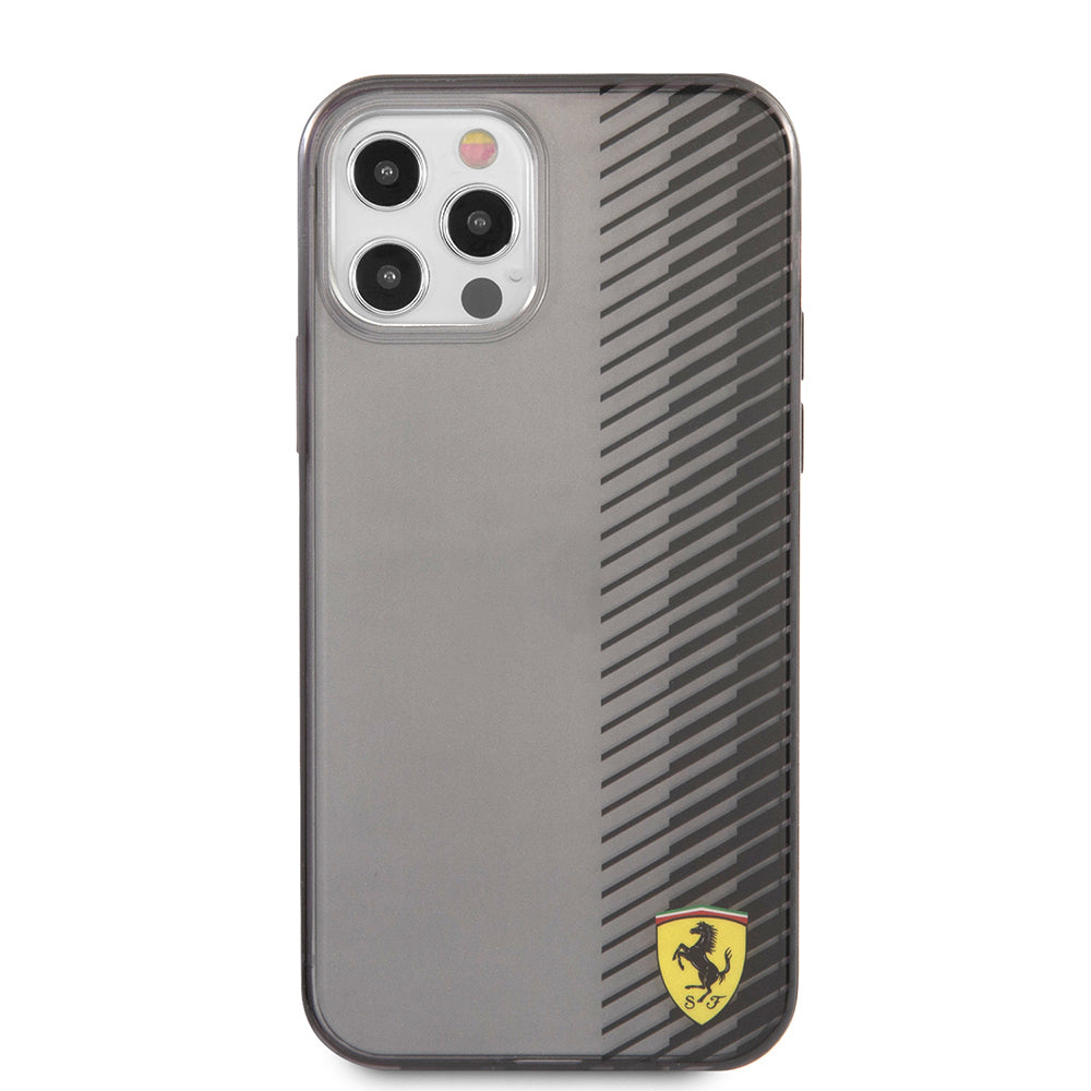 iPhone 12 Pro Max Kılıf Ferrari Orjinal Lisanlı Klasik Metal Logolu Transparan Çizgi Desenli Gradient Kapak