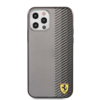 iPhone 12 Pro Max Kılıf Ferrari Orjinal Lisanlı Klasik Metal Logolu Transparan Çizgi Desenli Gradient Kapak