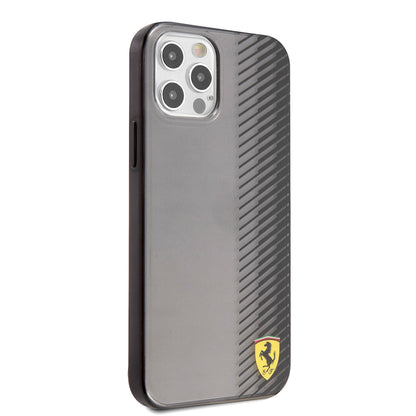 iPhone 12 Pro Max Kılıf Ferrari Orjinal Lisanlı Klasik Metal Logolu Transparan Çizgi Desenli Gradient Kapak