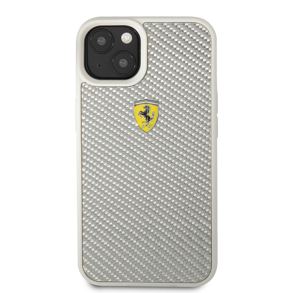 iPhone 13 Kılıf Ferrari Orjinal Lisanlı Klasik Metal Logolu Karbon Dizayn Kapak