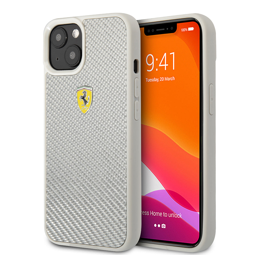 iPhone 13 Kılıf Ferrari Orjinal Lisanlı Klasik Metal Logolu Karbon Dizayn Kapak