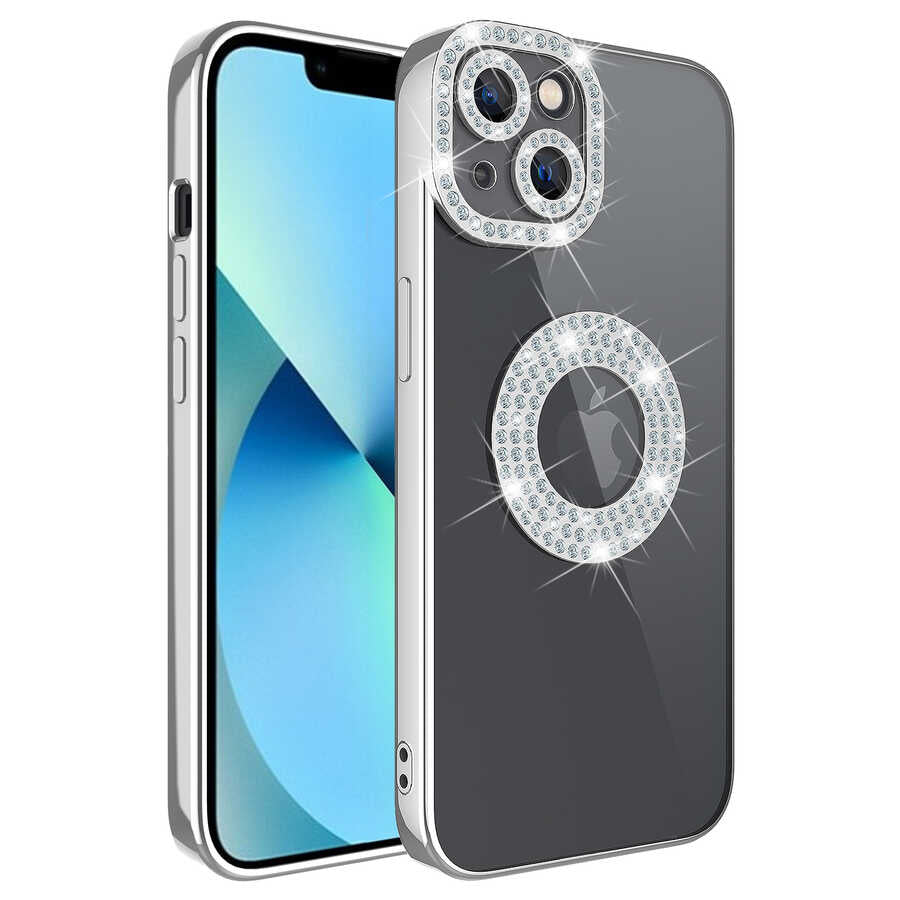 Apple iPhone 13 Kılıf Kamera Korumalı Taş Süslemeli Arkası Şeffaf Zore Asya Kapak