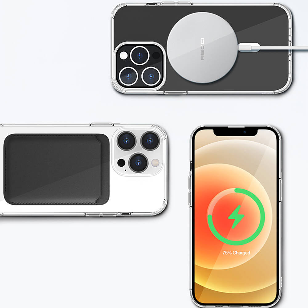 iPhone 13 Kılıf M-safe Şarj Özellikli Airbagli Şeffaf PC Arka Yüzey Recci Magnetik Suction Serisi Kapak
