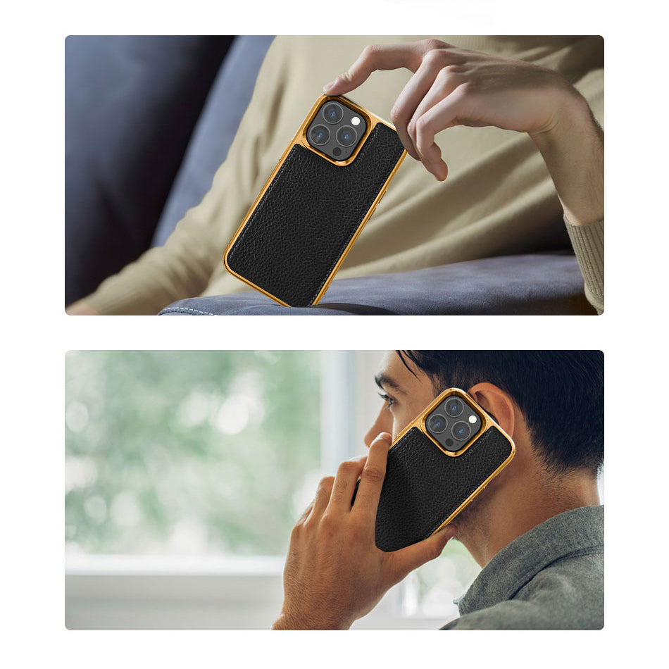 iPhone 13 Kılıf Wiwu Genuine Leather Gold Calfskin Orjinal Deri Kapak
