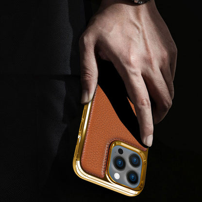 iPhone 13 Kılıf Wiwu Genuine Leather Gold Calfskin Orjinal Deri Kapak