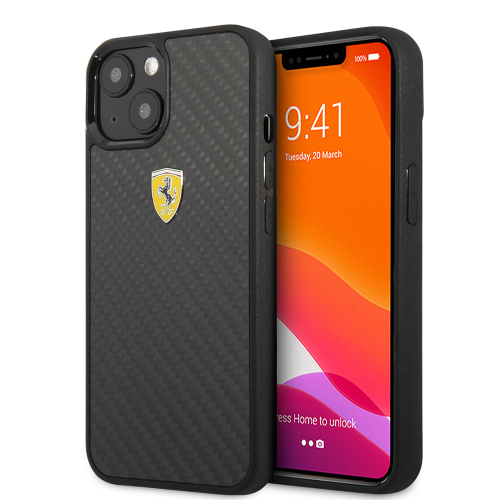 iPhone 13 Mini Kılıf Ferrari Orjinal Lisanlı Klasik Metal Logolu Karbon Dizayn Kapak