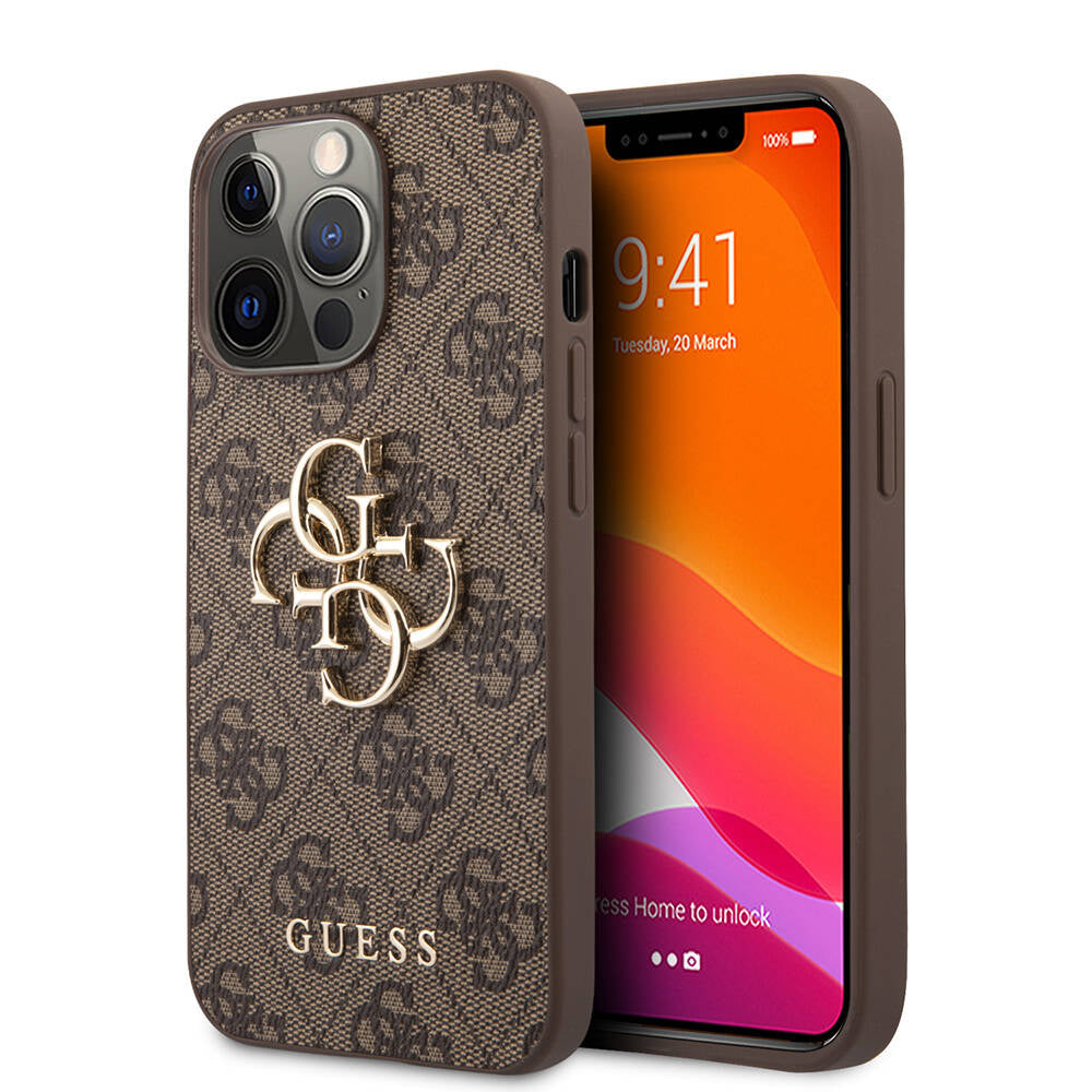 iPhone 13 Pro Kılıf Guess Orjinal Lisanslı PU Deri 4G Desenli Metal Büyük 4G ve Yazı Logolu Kapak