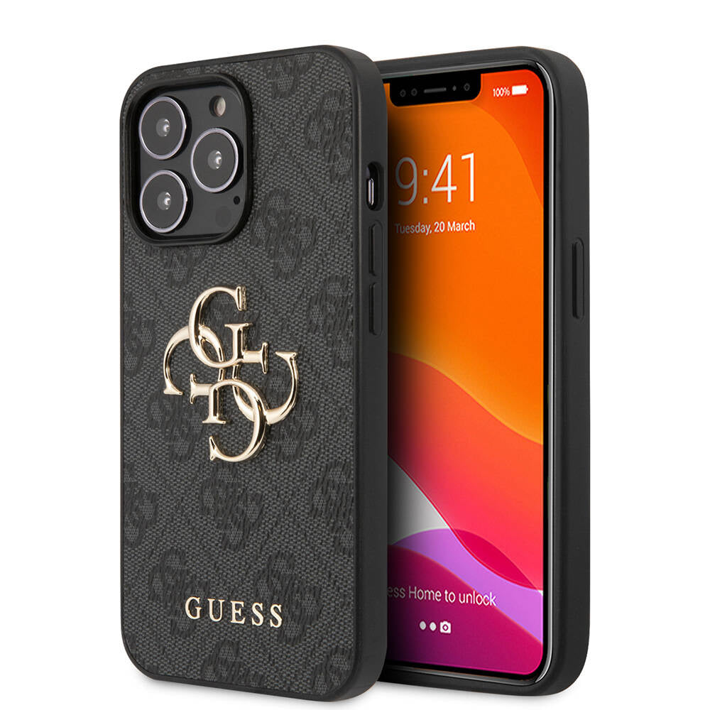 iPhone 13 Pro Kılıf Guess Orjinal Lisanslı PU Deri 4G Desenli Metal Büyük 4G ve Yazı Logolu Kapak