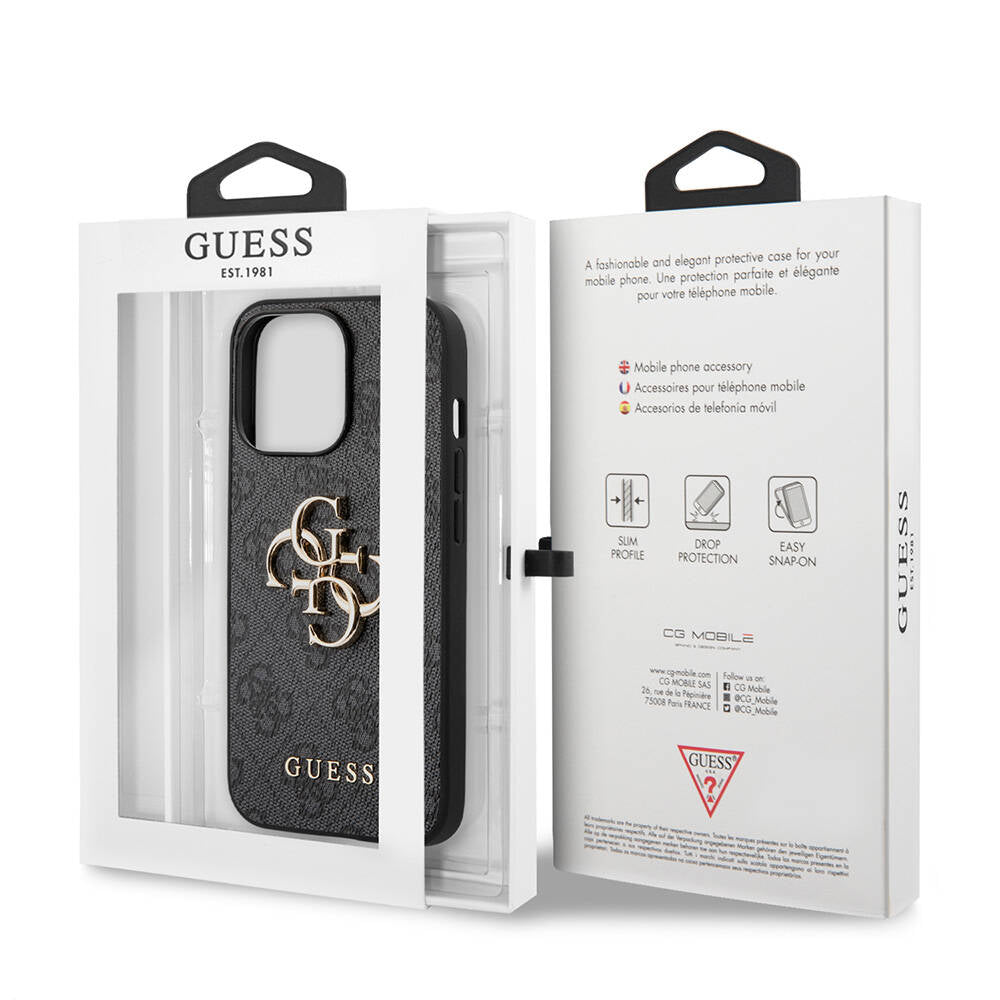 iPhone 13 Pro Kılıf Guess Orjinal Lisanslı PU Deri 4G Desenli Metal Büyük 4G ve Yazı Logolu Kapak