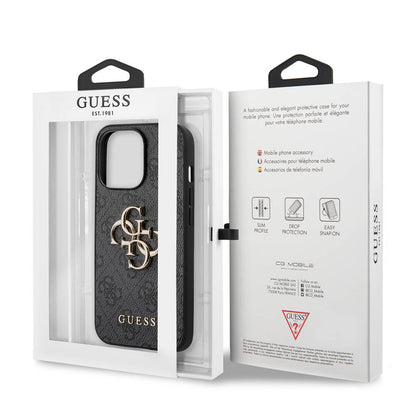 iPhone 13 Pro Kılıf Guess Orjinal Lisanslı PU Deri 4G Desenli Metal Büyük 4G ve Yazı Logolu Kapak